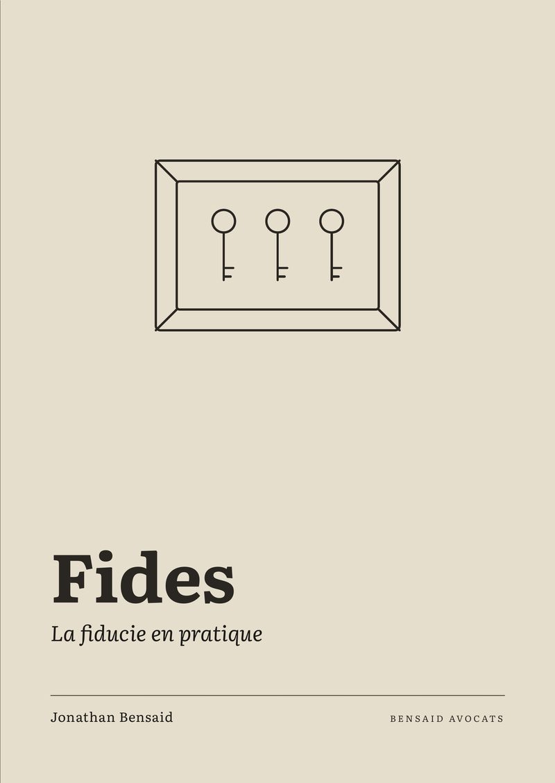 Couverture du livre Fides. La fiducie en pratique, de Jonathan Bensaid : un coffre aux trois clés dessiné au trait sur fond lin