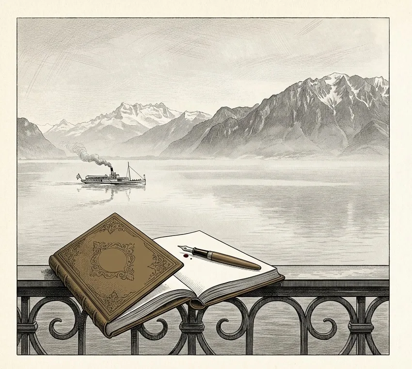 Illustration éditoriale : une terrasse au bord du Léman, balustrade en fer forgé, registre relié et stylo posés sur la rambarde, bateau à vapeur sur le lac et Alpes en arrière-plan, dans le style d'une gravure du XIXe siècle.