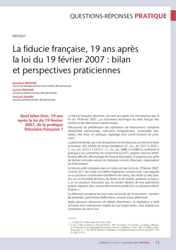 Première page de l'étude « La fiducie française, 19 ans après la loi du 19 février 2007 : bilan et perspectives praticiennes », par Jonathan Bensaid, Lauren Bensaid et François Ouairy, Defrénois n° 29 du 3 septembre 2026, p. 13