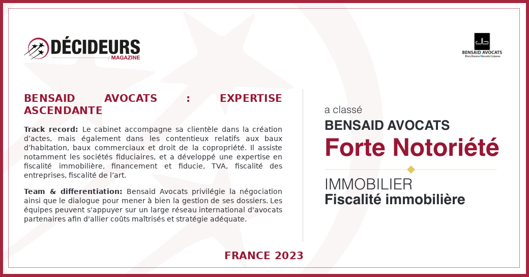 BENSAID avocats se classe parmi les meilleurs en TVA et fiscalité immobilière